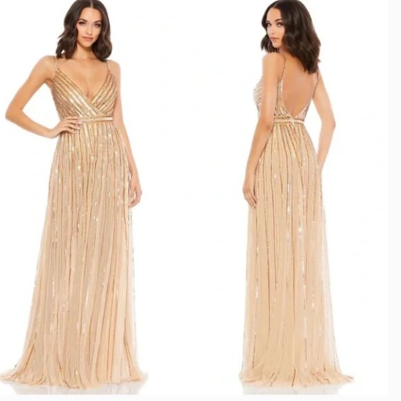 MAC DUGGAL 93801 SEQUINED WRAP OVER SLEEVELESS GOLD/NUDE GOWN sz 6 - Picture 1 of 7